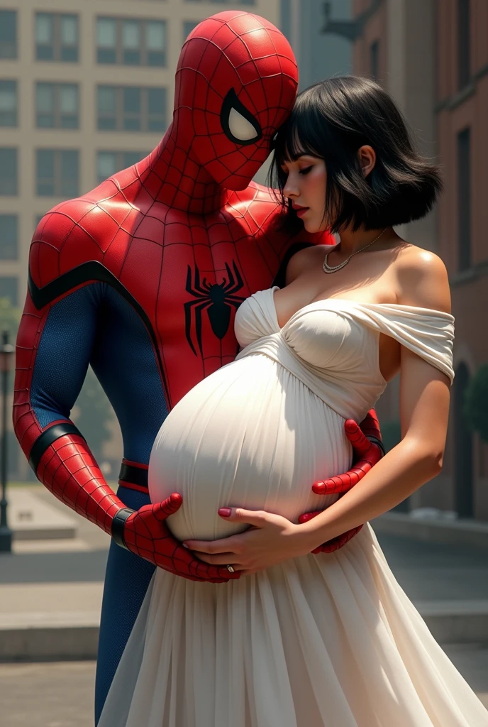 Bee was carried bridal style by spiderman who looked very protective of her.
Bee:A girl with short hair, black hair, brown eyes she fair skin, pregnant appearance, huge breasts,beautiful, sexy , wearing white dress