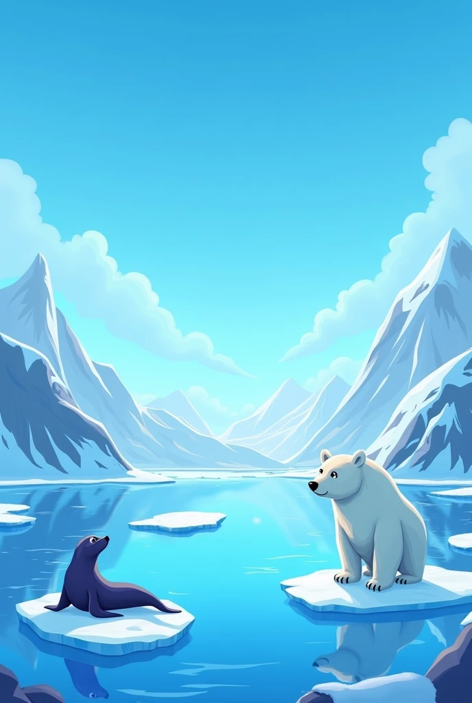 a background for an application called "climate heroes". This background is a menu background where in mrnu there will be clickable squares that will take you to another screen.. The first fund, that was to work on planet earth, It was all blue with some changes on top. Create a background for the second world which will be the Arctic Pole A background of width 360 and height 800 in landscape.
It's a game for children, the background has to be in 2D and if there are going to be animals, leave only the seal and the bear
