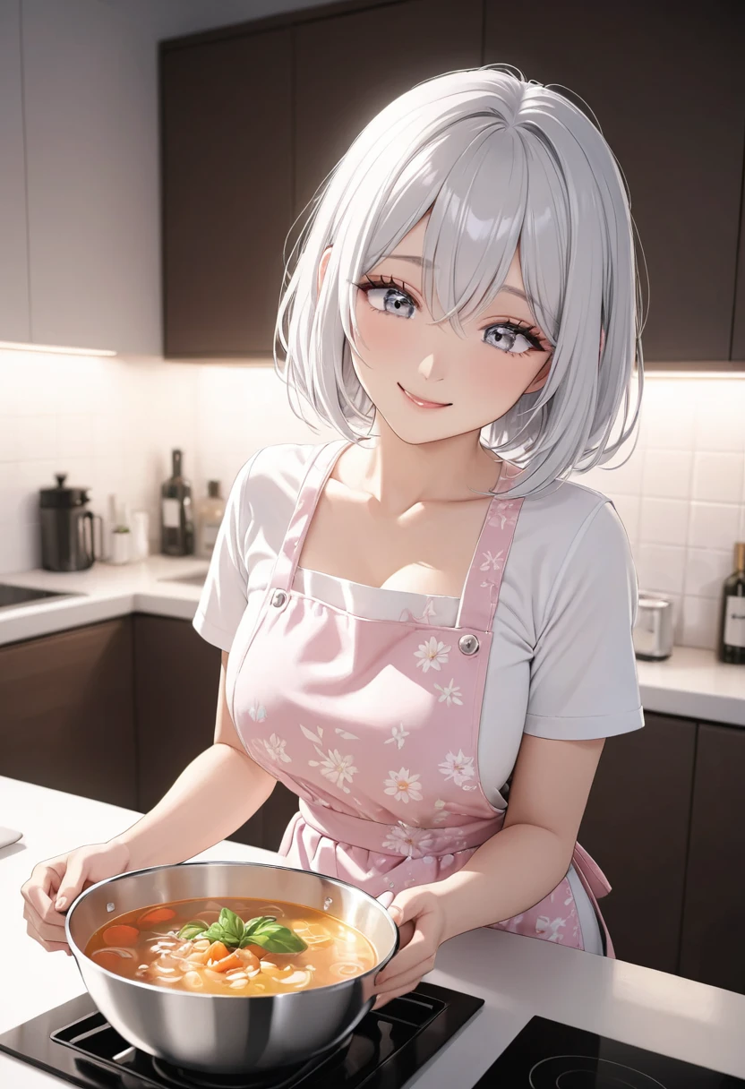 masterpiece, perfect quality, high detailed, glowing particles, ambient lights, cute, full body detailed, 32K, perfect lighting, perfect anatomy, soft light, BREAK ((shiny silver hair)), bob cut, bang between eyes, beautiful hair), (glossy silver eyes:1.5), (beautiful eyes, twinkle eyes, large eyes, close eyes), BREAK (athlete body, large breasts), cute face, beautiful face, pretty face, beautiful, best quality, good anatomy, long eyelashes, expressive eyes, Perfect Hands, BREAK pink botanical print apron, white shirt, short sleeves, morning, kitchen, 1girl, The girl is holding a soup dish with vegetable soup on it, (close eyes), head tilt, happy, smile,