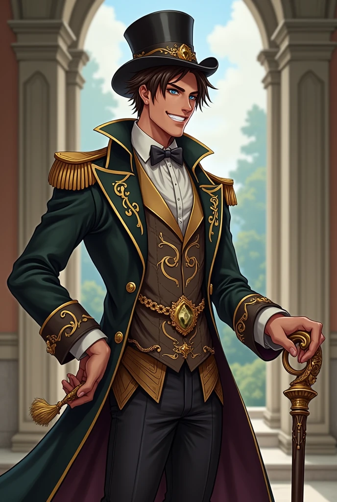 dnd, dungeons and dragons, noble, normal round human ears, human, slender, very rich, clean, wealthy, holding a bag of money, solo, single person, portrait, action pose, white skin, opulent, stylish, short shaggy brown hair with highlights, icey blue eyes, top hat, cane, handsome, smiling, laughing, funny, male, anime, comic book, expensive robes, expensive jewelry, fancy, peaceful, grandiose, ((masterpiece, best quality)), trending artwork