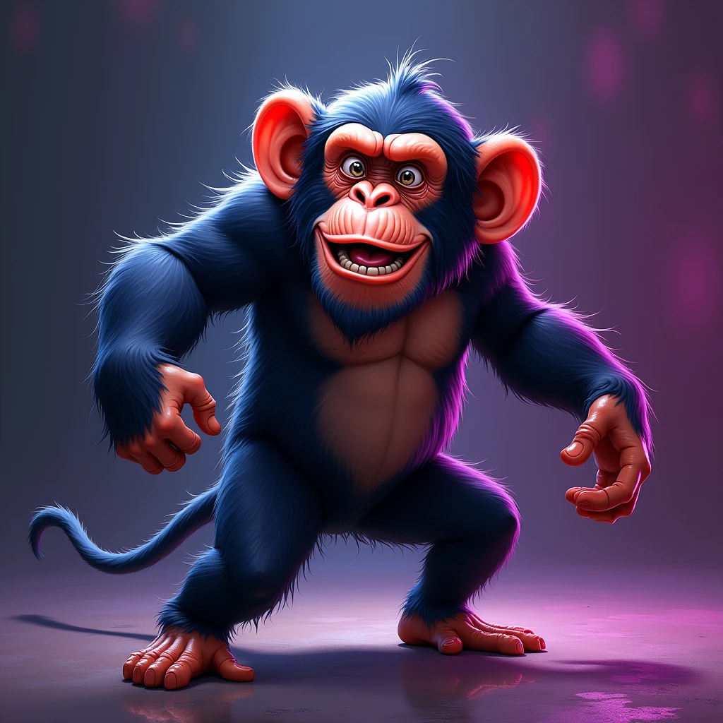 a humorous and exaggerated chimpazee, a caricature, a fun portrait, bold lines, vivid colors, against a pristine dark-neon background, 2D, CGI, comically dynamic pose, dramatic lighting, extreme detail, fantasy RPG, digital painting, colorful, whimsical, playful, cute, adorable, anthropomorphic, expressive, quirky, vibrant, surreal, dreamlike, imaginative ((more detail, enhanced, poakl))