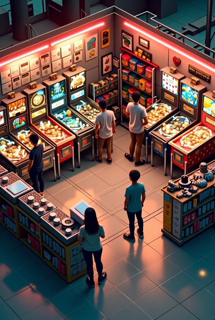 In a 4x4 space, place 8 slot machines and pinball machines with grocery sales.