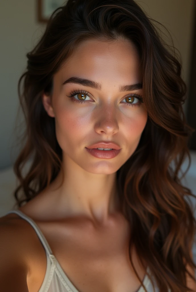femme italienne et espagnole, fille tres jolie aux yeux marrons, Portrait de megane fox, cheveux bruns un peu frisés et grands yeux, selfie d'une jeune femme de 20 ans, yeux de la chambre, violet myers, sans maquillage, maquillage naturel,i et regarde la caméra, visage avec artgram, maquillage subtil, superbe photo de tout le haut du corps, dans la chambre,