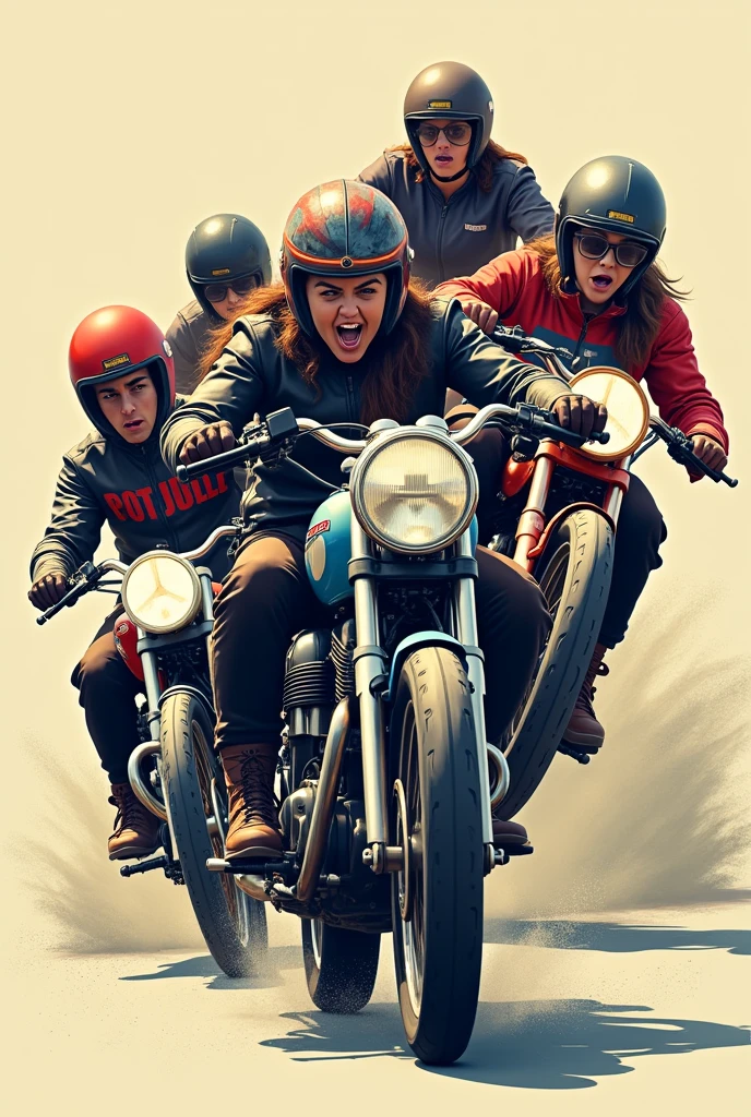 Create a slow motorcycle race poster. There should be 5 bikers, including male and female. They are Struggling to hold their motorcycle still. Everyone should have different bikes and everyone should look different.
One of them should appear to be falling because he couldn't balance his motorcycle.
It should look like they are riding slowly and are not able to balance