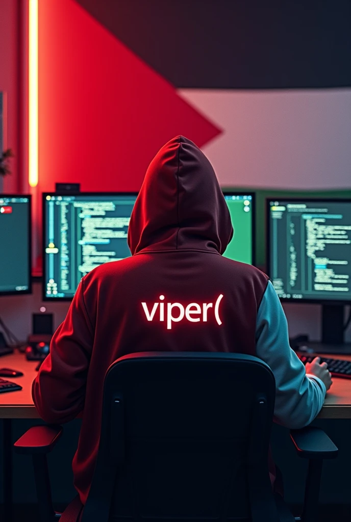 AN ANONYMOUS HACKER WEARS A RED AND WHITE HOODIE WITH THE WRITING "VIPER[ 𝚃.𝚆.𝙸 ]" WHILE PLAYING PC GAMING AND PLAYING TERMUX AND WITH A GAMING ROOM BACKGROUND WITH A PALESTINIAN FLAG MOTIF 
