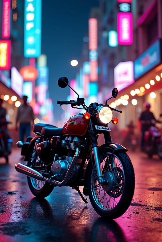 Royal Enfield classic 350 in indian city in neon light