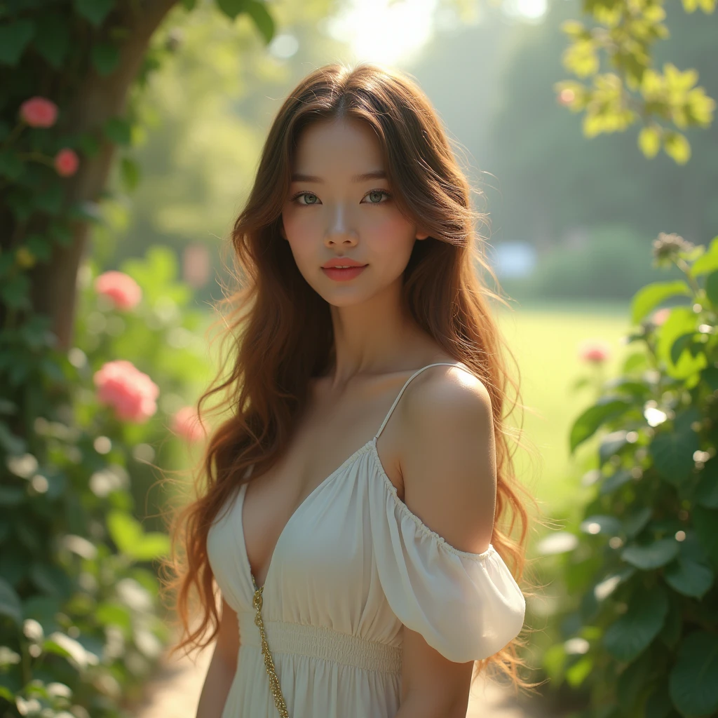 a beautiful young woman, elegant lady, delicate facial features, piercing blue eyes, flowing long brown hair, pale skin, wearing a long white dress, standing in a lush green garden, sunlight streaming through the trees, (best quality,4k,8k,highres,masterpiece:1.2),ultra-detailed,(realistic,photorealistic,photo-realistic:1.37),HDR,UHD,studio lighting,ultra-fine painting,sharp focus,physically-based rendering,extreme detail description,professional,vivid colors,bokeh,portrait,natural lighting,intricate details