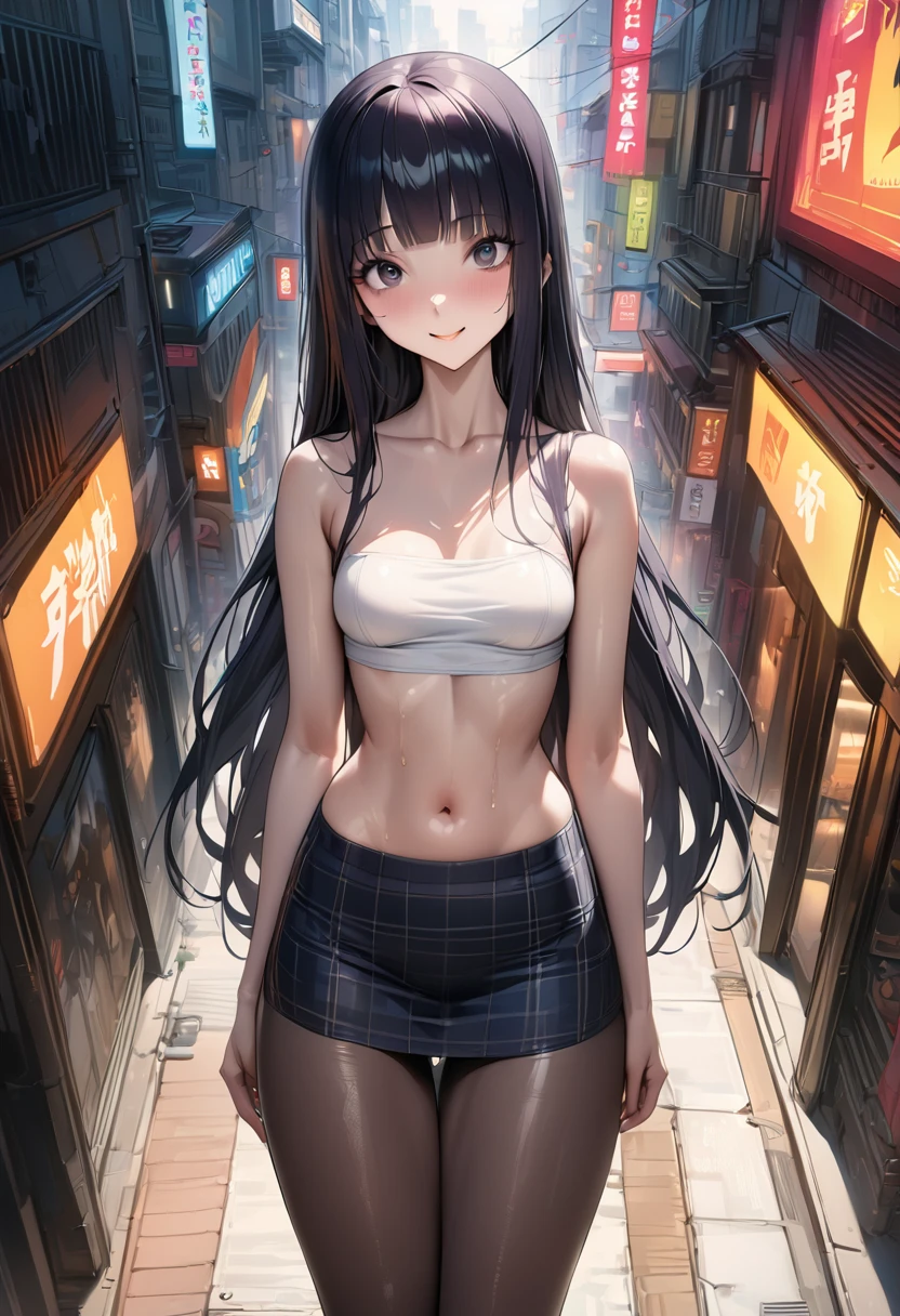 ((masterpiece,best quality anime,Highest quality:1.3)),realistic,cowboy shot,1woman,独奏,(30 year old beauty),((very small head:1.4)),((very long body:1.4)),(dark blue hair),straight long hair,(gorgeous big eyes),black eyes,smile,((slender body:1.4,skinny)),medium breasts,(Dark blue plaid mini skirt、White tube top shirt、navel) ,oily skin:1.2,gleaming skin,shiny skin, bustling street、Cyberpunk World、