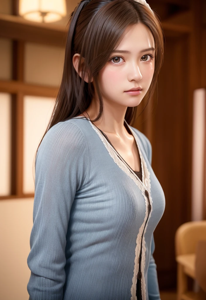 8K, of the highest quality, masutepiece:1.2), (Realistic, Photorealsitic:1.37), of the highest quality, masutepiece, Beautiful young woman, Pensive expression, Thoughtful look, Cute Maid Clothes, Hair tied back, Messy mood, Cinematic background, Tired, Light skin tone