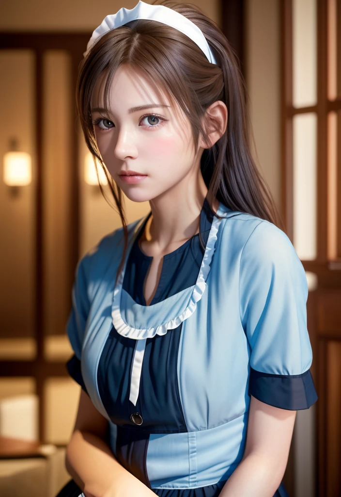 8K, of the highest quality, masutepiece:1.2), (Realistic, Photorealsitic:1.37), of the highest quality, masutepiece, Beautiful young woman, Pensive expression, Thoughtful look, Cute Maid Clothes, Hair tied back, Messy mood, Cinematic background, Tired, Light skin tone