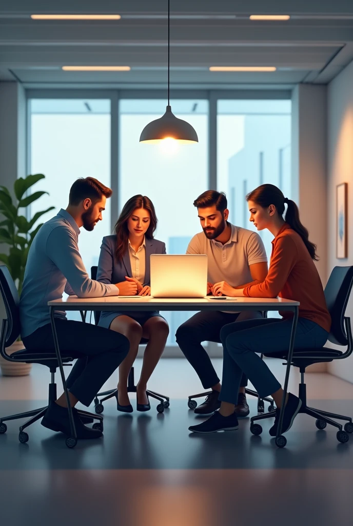 Four person discuss a project in office sitting in a table with a laptop and all of them are looking on the laptop


