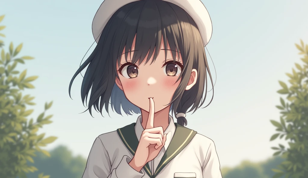 An young girl in white full sleeves shirt wearing side cap having his index finger on his lips asking to be quite.