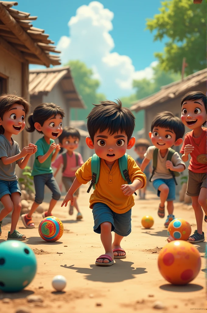Prompt: A group of village children playing with colorful toys like marbles, kites, and a ball. Ali approaches them with a demanding expression, pointing at the toys, indicating that he wants to join in.