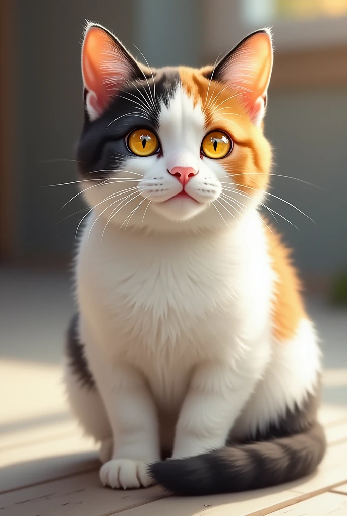 My cat Tony. Tony is white, only has the top of his head, her face, its tail and a large spot on its back that is grey and black, like tabby. He has yellow eyes. It is a cuddly short-haired cat