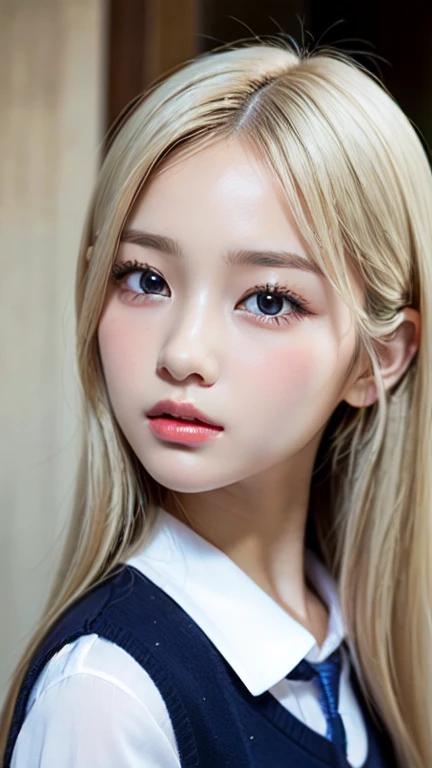 (Photorealistic), Beautiful detailed, Highly detailed eyes and face,Perfect figure,】、Cute thin slanted eyes、White school uniform、Long Hair、White Hair、