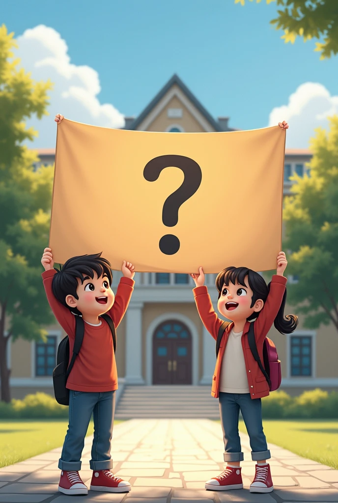 Two children are standing outside their university with a banner on which the question is written in big letters WHAT NSS 