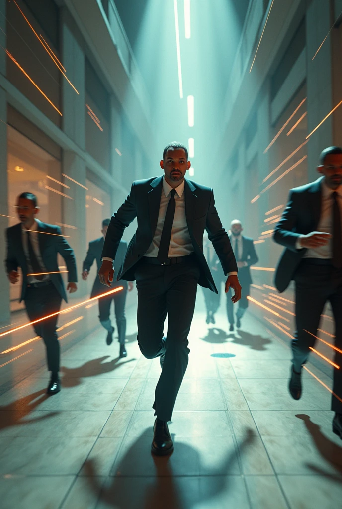Will Smith racing through a bank corridor, dodging laser beams and narrowly escaping a security trap."