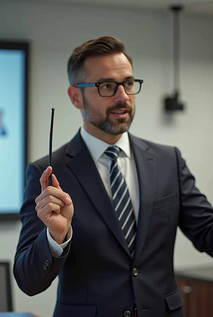 A realistic person wearing a formal wear holding a black stick pointing up. He should be explaining a presentation in an office