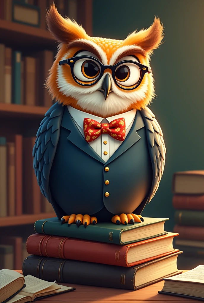 An owl wearing a suit vorbol tieand glasses on top of some books, cartoon