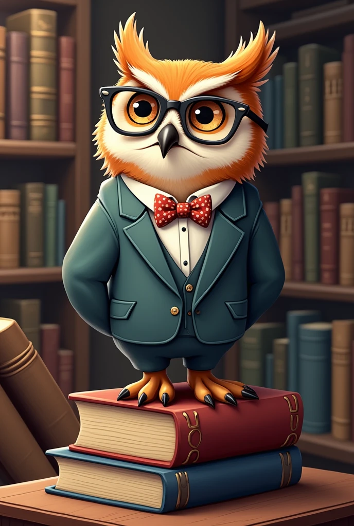 An owl wearing a suit vorbol tieand glasses on top of some books, cartoon