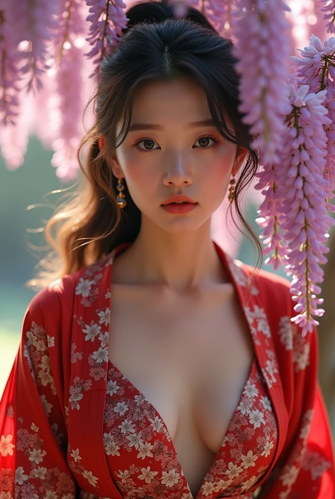 (masterpiece,Highest quality:1.4),(8k,RAW Photos,Photorealistic:1.4),Ultra-high resolution, ,(Glowing Skin:1.4),Detailed肌,Detailed顔,Detailed目,(Beautiful and shining eyes:1.2),Symmetrical eyes,Detailed耳,One person,Natural Makeup,(((Idol))),,Detailed背景,Vivid background,Beautiful and shiny hair,,((Average age breasts)),,(Detailed Sexy Kimono,Realistic beautiful teeny Neon,mysterious,whole body),,((Sharp Face)),Natural light,,(Very detailed ,,online shopping,LUMINE® Market,),Cleavage,Wisteria flower background,Professional,(Detailed,Location was great.),