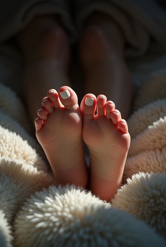 Foot picture with white nails. Look realistic and young. on a blanket. Darkly lit.