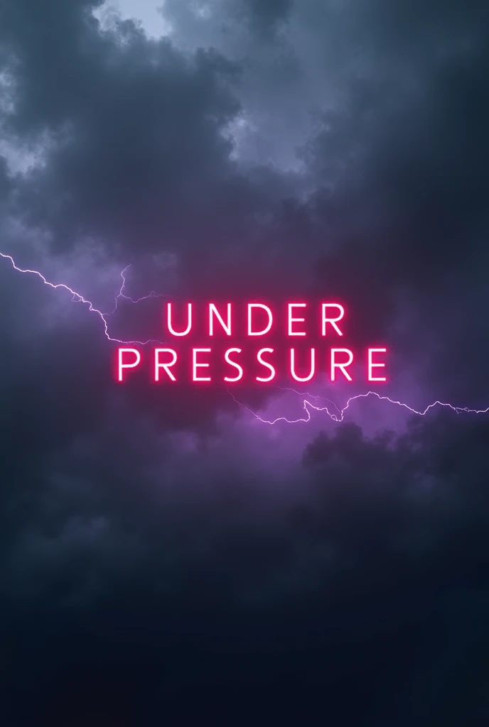 Image of gray clouds and purple lightning with "under pressure" written in red in square letters