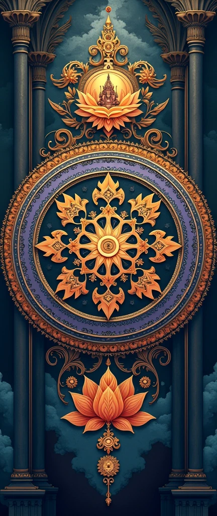 Aesthetic High definition wallpaper based on colorful, detailed and elaborated illustrated ambigram of Hindu culture & symbols in Indian and gothic combined style and circular mandala form with an astounding background