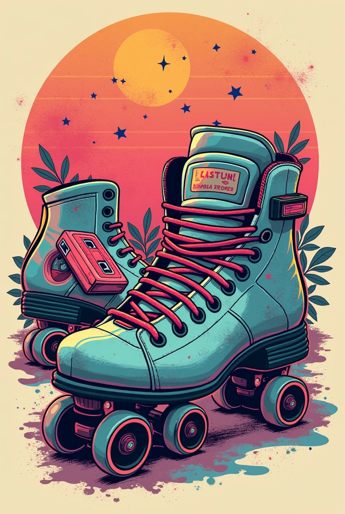 Create a retro-inspired T-shirt design based on 90s pop culture. Incorporate bright, pastel colors and playful graphics like rollerblades, cassette tapes, or geometric patterns. Use a playful, chunky font reminiscent of the era, with a slightly worn texture to enhance the vintage feel."