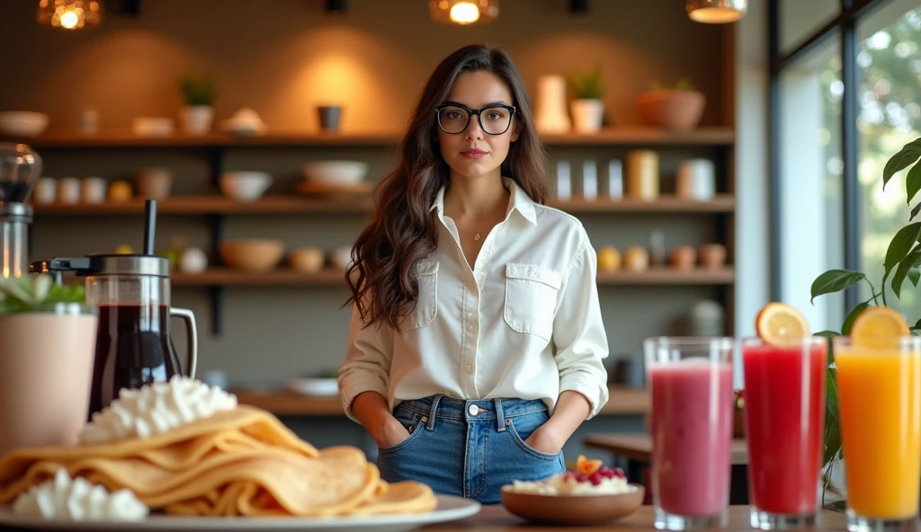Crepes and smoothies kukis white and black crepes place with a robust girl with long hair and glasses, white blouse denim pants, blue tennis