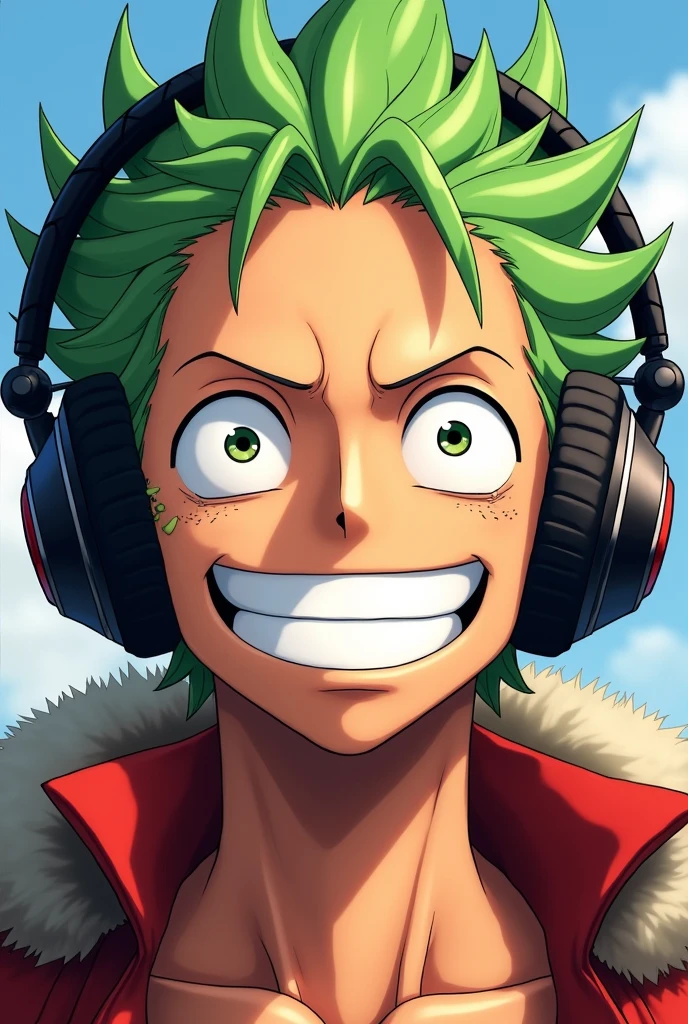 Zoro wearing headphones from front side looking happy