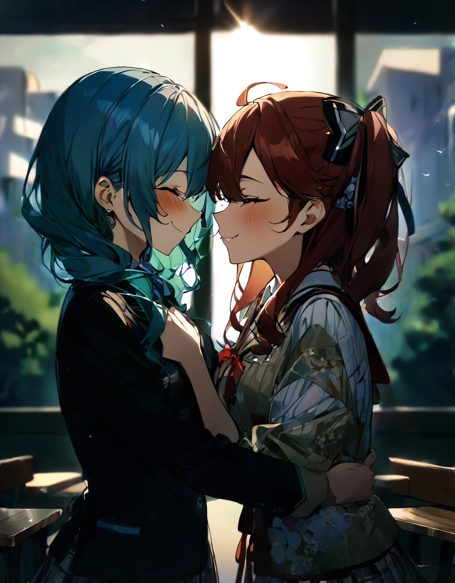 (((2girls))), together, two people, masterpiece, best quality, integrated scenery, integrated background, extremely delicate and beautiful, meticulous details, good composition, closed_eyes, cute face, perfect face, perfect hands, fingernails, sakura miko, SakuraMiko, HoshimachiSuisei, hoshimachi suisei, blurry background, sunlight, light blush, ((school)), upper body, looking each other, smile, , (hugging each other),in_school,sunlight,kissing,happiness,