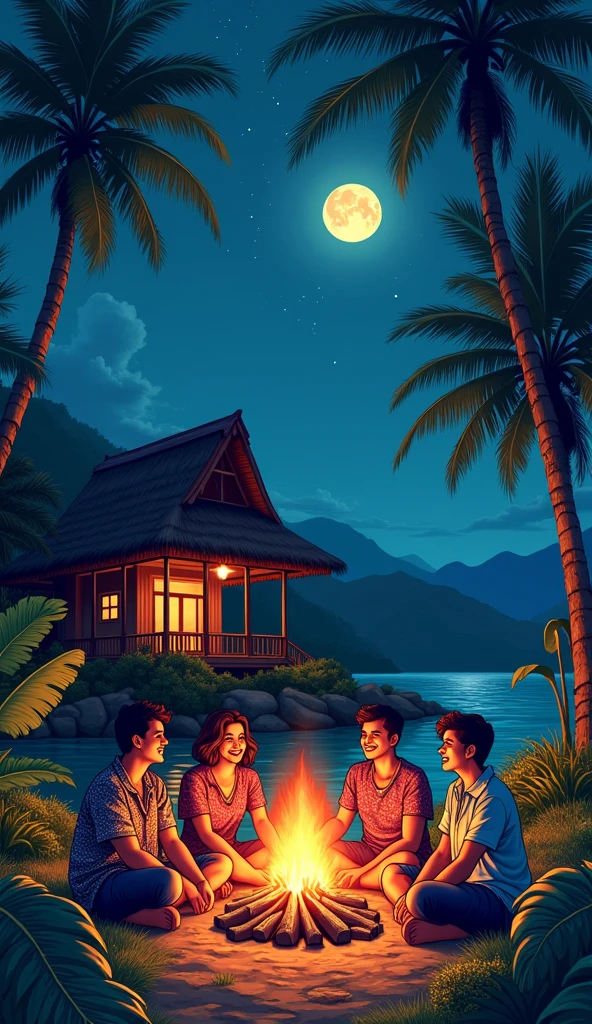 anime Illustration of Hawaii, a very cozy native Hawaiian home with firecamp outside the house a group of friends sitting in the camp fire with full moon and laughing. evenings cozy vibe stars in the sky ,Hawaii , illustration , reteo comic illustration moody, melancholic, vibrant color, detailed, akira --ar 16-9 --niji 6