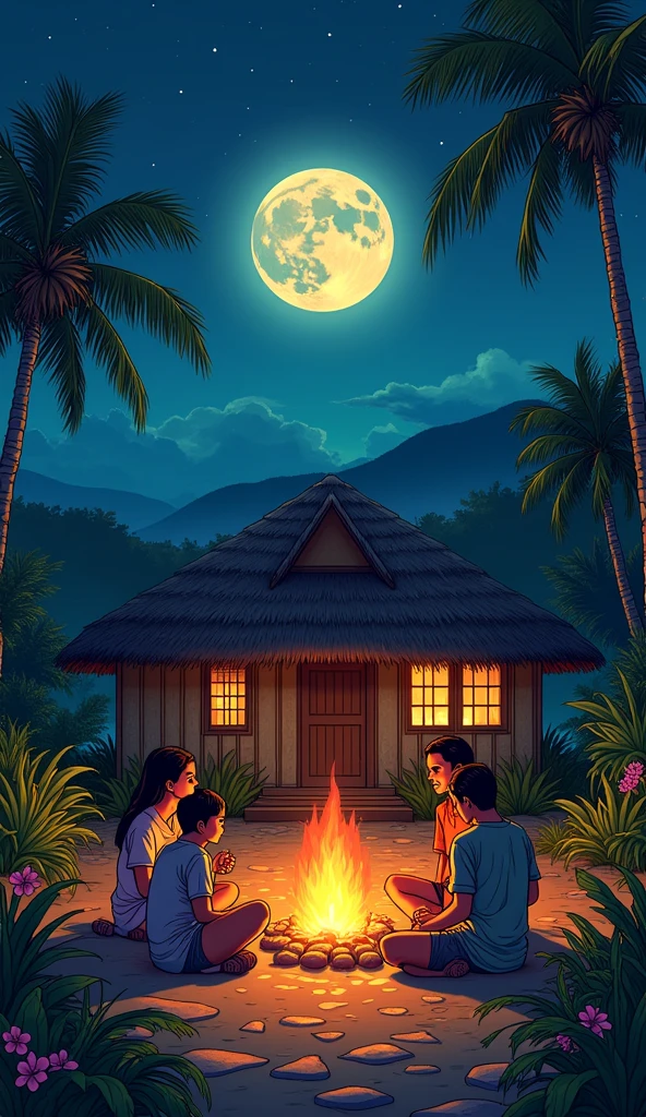 anime Illustration of Hawaii, a very cozy native Hawaiian home with firecamp outside the house a group of friends sitting in the camp fire with full moon and laughing. evenings cozy vibe stars in the sky ,Hawaii , illustration , reteo comic illustration moody, melancholic, vibrant color, detailed, akira --ar 16-9 --niji 6