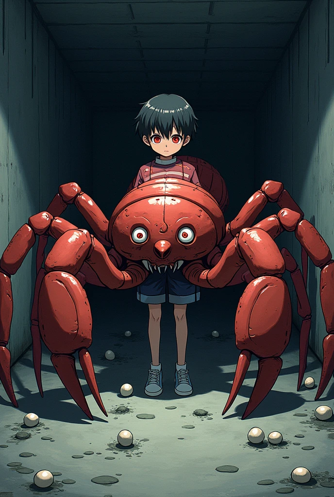 A boy's lower_body is transformed into a scorpion(Japanese anime style)(drider)(student costume)(eight legs)(entire spider_body)(red eyes)(basement)(eggs on floor)