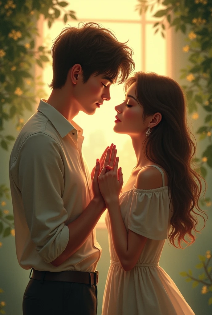 A couple facing each other, holding hands, reciting a quote together, poem.