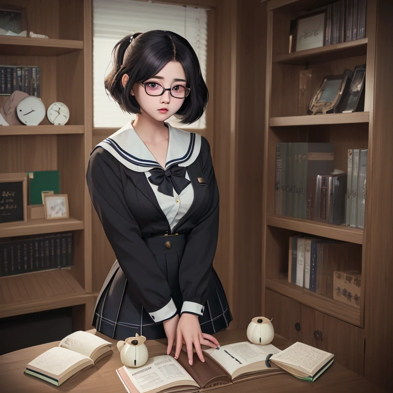 Pretty schoolgirl with light skin, green monolid eyes, a soft round face, glossy lips, thick long deep black, big round black wire frame glasses, wearing a sailor style school uniform in a home