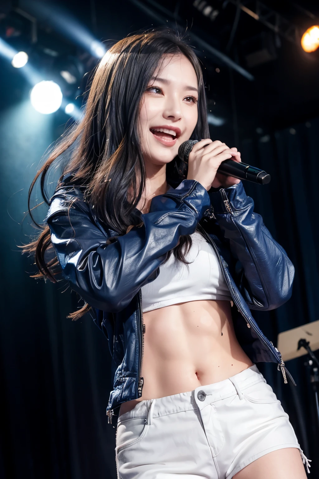 realistic, on the stage of the live music club, singing, brightly lit by spotlights on the stage, extremely bright lighting, waving a hand against the audience, wearing deep blue leather jacket and leather short pants, open widely chest, toned abs, ash-blue long hair, hair is blowing in the wind, hair is shaggy and dishevelled, beautiful white-colored translucent skin, sweat splashes, slendar figure, youthful face, heavy and vivid makeup, shaped nose, smooth shaped jawline, glossy face, heavy flushed cheeks, big smile, a little adult-like charm, close up shot