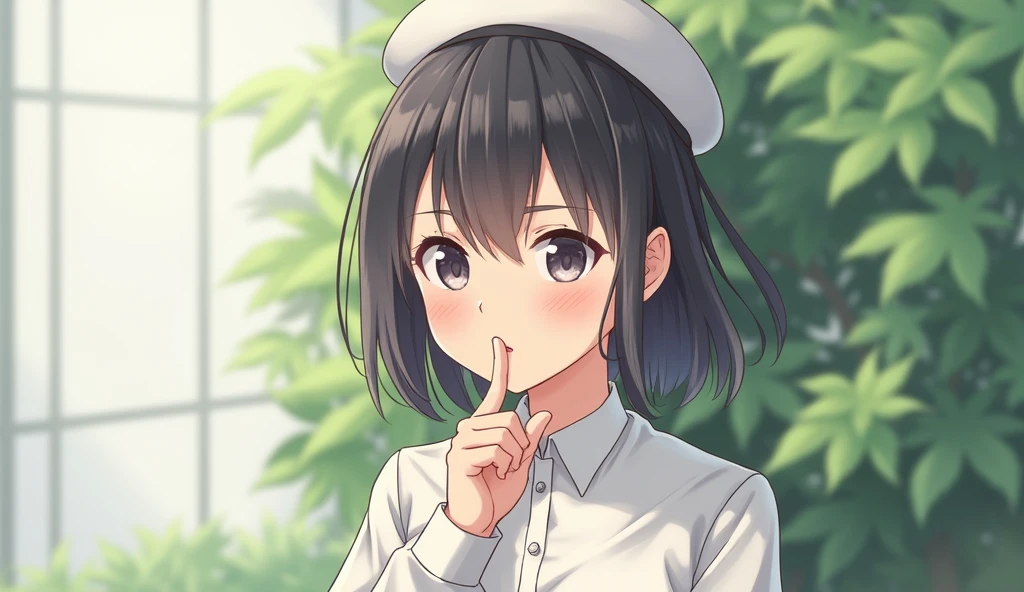 An young girl in white full sleeves shirt wearing side cap having his index finger on his lips asking to be quite.