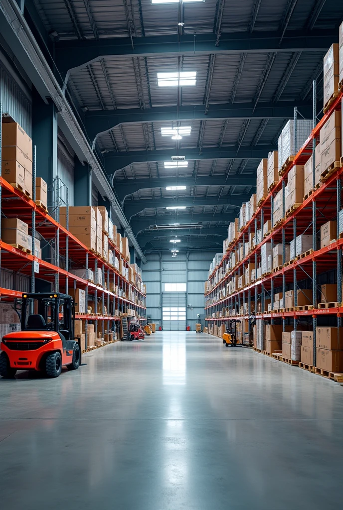 Warehouse image model with open flow configuration with space for cross-docking with regular shelving, Floor storage and cantilever racking that includes the use of forklifts that have a south-facing reception door and a west-facing dispatch door. Type of dynamic storage system with exterior space for a container yard (at least 10)