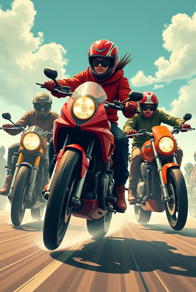 Create a slow motorcycle race poster. There should be 5 bikers, three should be male and two female. They are Struggling to hold their motorcycle still. Everyone should have different bikes and everyone should look different.
One of them should appear to be falling because he couldn't balance his motorcycle. 
It should look like they are riding slowly and are not able to balance 
