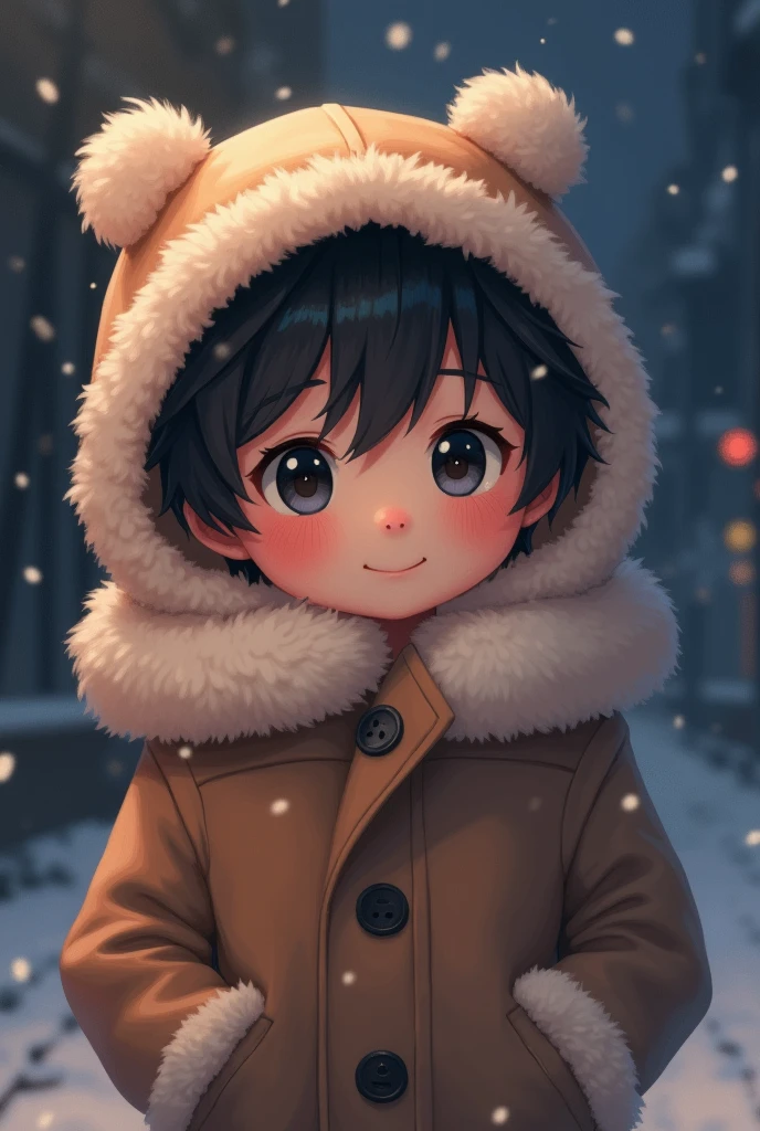 Cute anime boy in coat hood in the dark