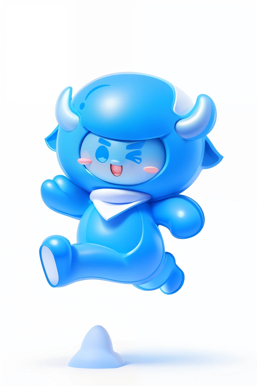 A cute blue cartoon mascot with two horns on his head, wearing a triangular scarf, jumping in the air, simple background, white background, simple lines and shapes character design surreal, full body, blush, bean Pea eyes, 3D effect, Disney style, clear outline light, rim light, fantasy, spotlight, 8k