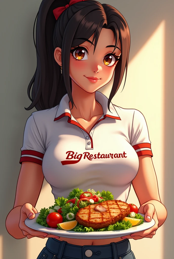 a one woman, toned and fit, Linda, wearing a 3d anime polo shirt,  holding a beautiful plate of salad, with a juicy grilled chicken breast fillet , on her shirt it says big restaurant Madureira

