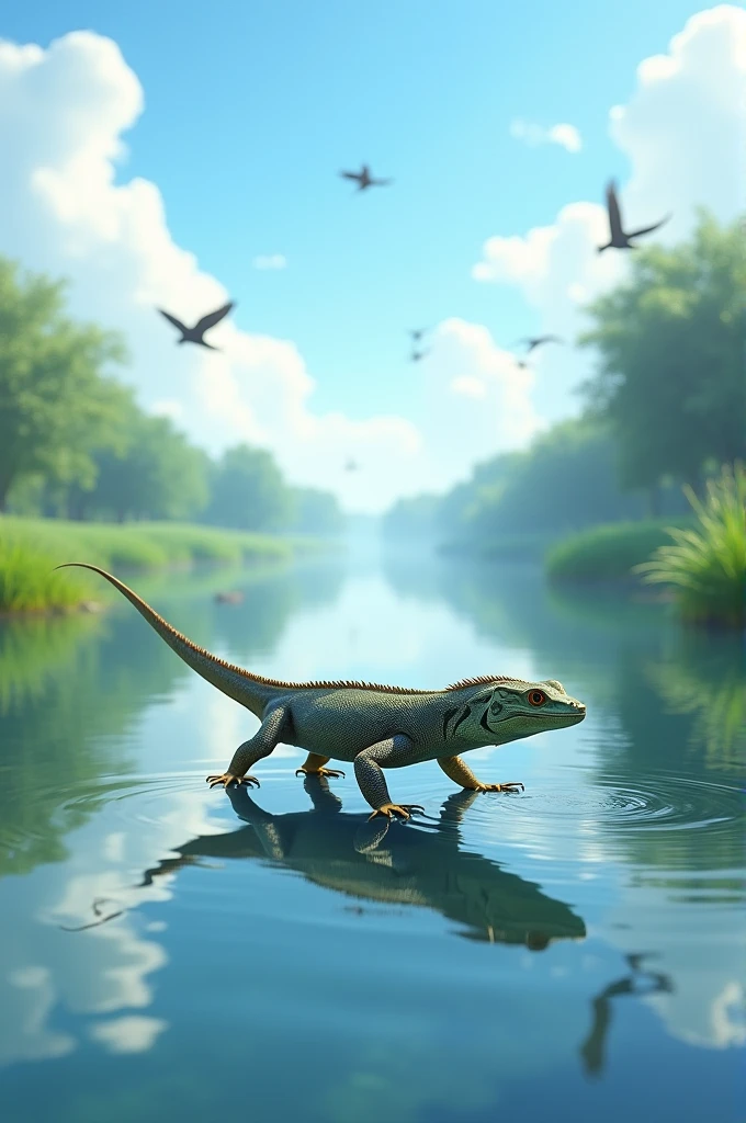 a lizard walking on top of a river at noon with a flock of birds flying in the sky