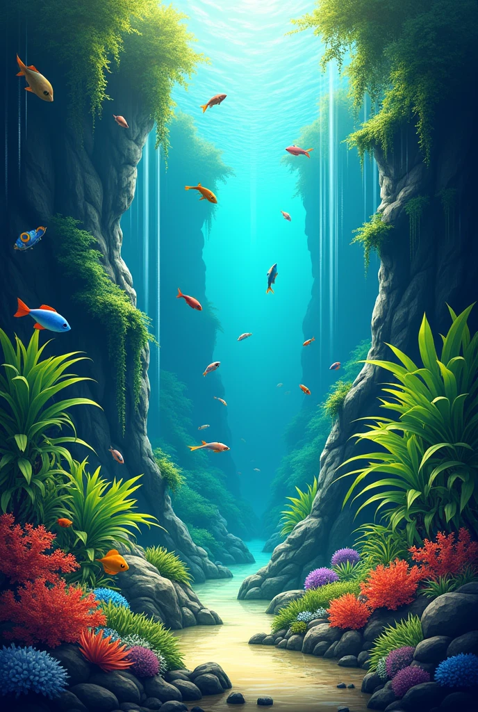 Outline art of Brazilian style aquascape with title named Banepa Aquascape and slogan with GLIMPSES OF NATURE