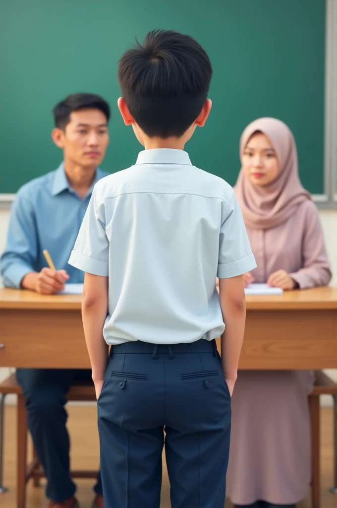 A male high school student in Malaysia is taking an oral speaking test in the classroom. The student is around  and wears a white Malaysian high school uniform with dark blue trousers. 
In front of him, there are two teachers sitting at the table with a distance of about 2 meters from him. a man and a woman, appeared to be assessing the student seriously. The male teacher wears a light blue long-sleeved shirt and black trousers, while female teachers wear soft colored baju kurung.