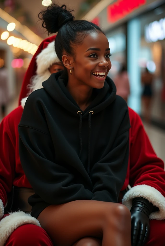 black woman hair in a bun black hoodie black leather short shorts excited look on her face with eyes really big and wide open setting on santa claus lap at the mall side full large picture shot
4k romantic sexy camera angle looking up from her feet up
