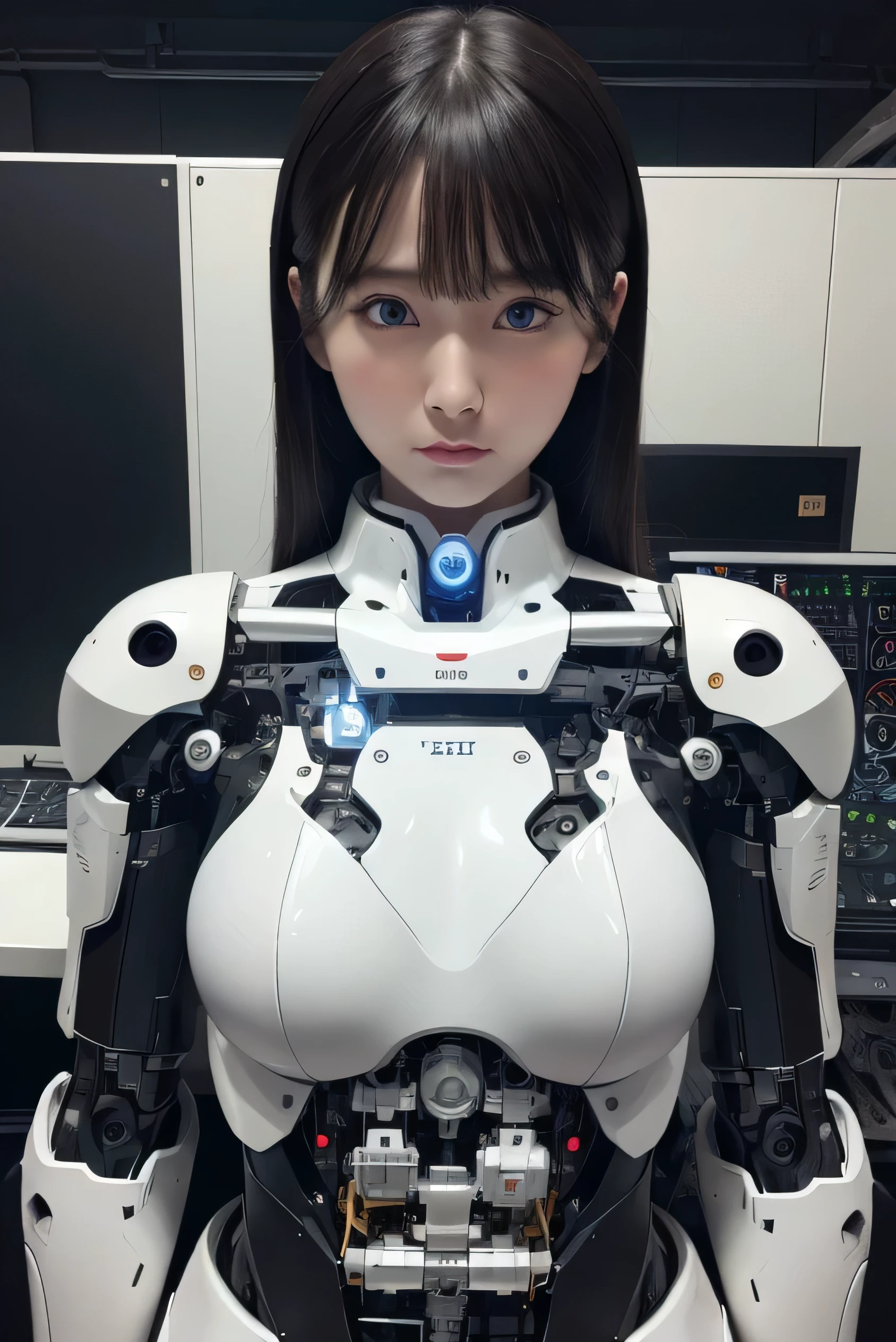 masterpiece, best quality, extremely detailed, 8K portrait,1girl in, Japaese android girl,android teacher,Plump , control panels,android,Droid,Mechanical Hand, ,Robot arms and legs, Black hair,Mechanical body,Blunt bangs,White Robotics Parts,perfect robot woman,Charging spot,perfect mechanical body,white robotics body,android assembly plant,white body,She has repaired,black sponge joints,android,laboratory,perfect machine body,white robot body,blue eyes,