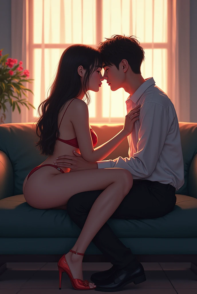 A Korean long-legged sister and a high school boy make out in the office,My sister is sitting on the sofa wearing high heels,The boy is sitting on his sister's lap with his back to the naked upper body,Sister touches boy's chest with both hands